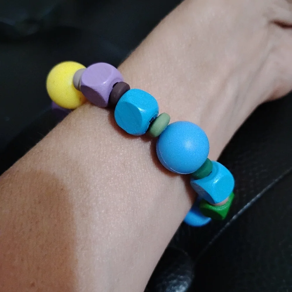 Colorful Wooden & Silicone Beaded Kids Bracelet On Double Stretchy Strings